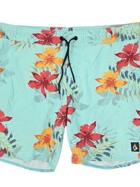 Volcom Swim Shorts Mens Medium Aqua Green Trunks 7" Inseam Quick Dry Floral